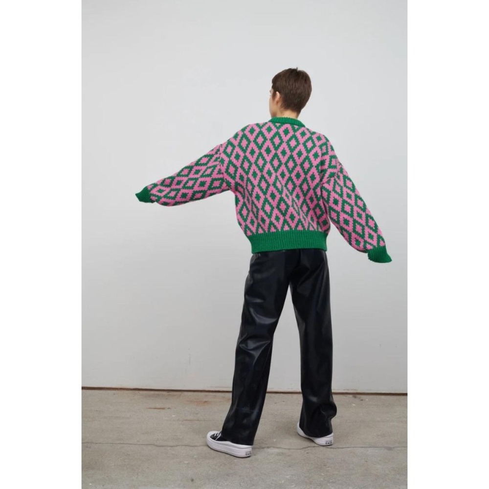 Jakke AMMA Recycled Green Pink Diamond Argyle Mock Neck Knit Sweater Size 2 - Picture 9 of 9